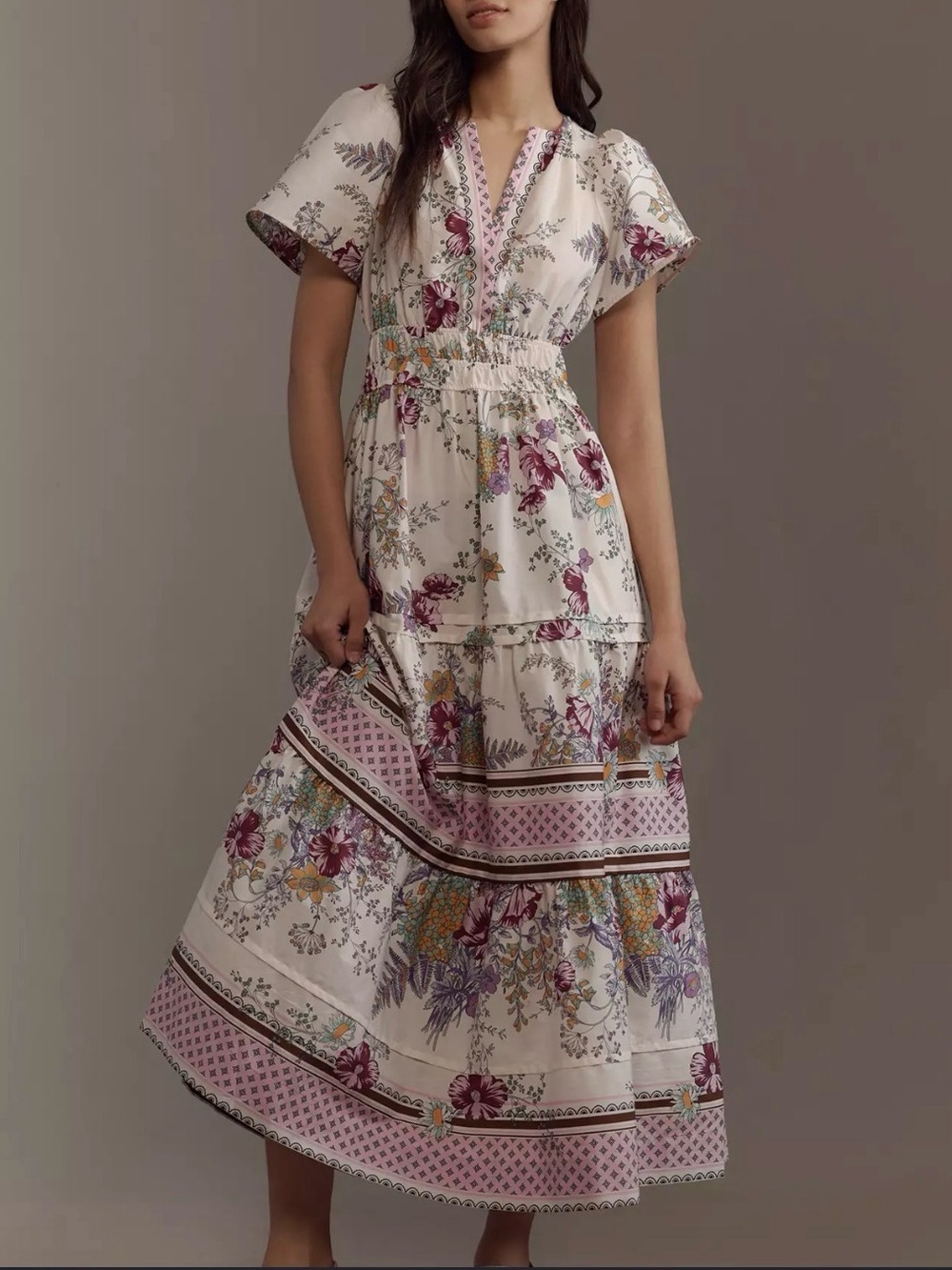 Anthropologie Floral V-Neck Maxi Dress in White and Purple